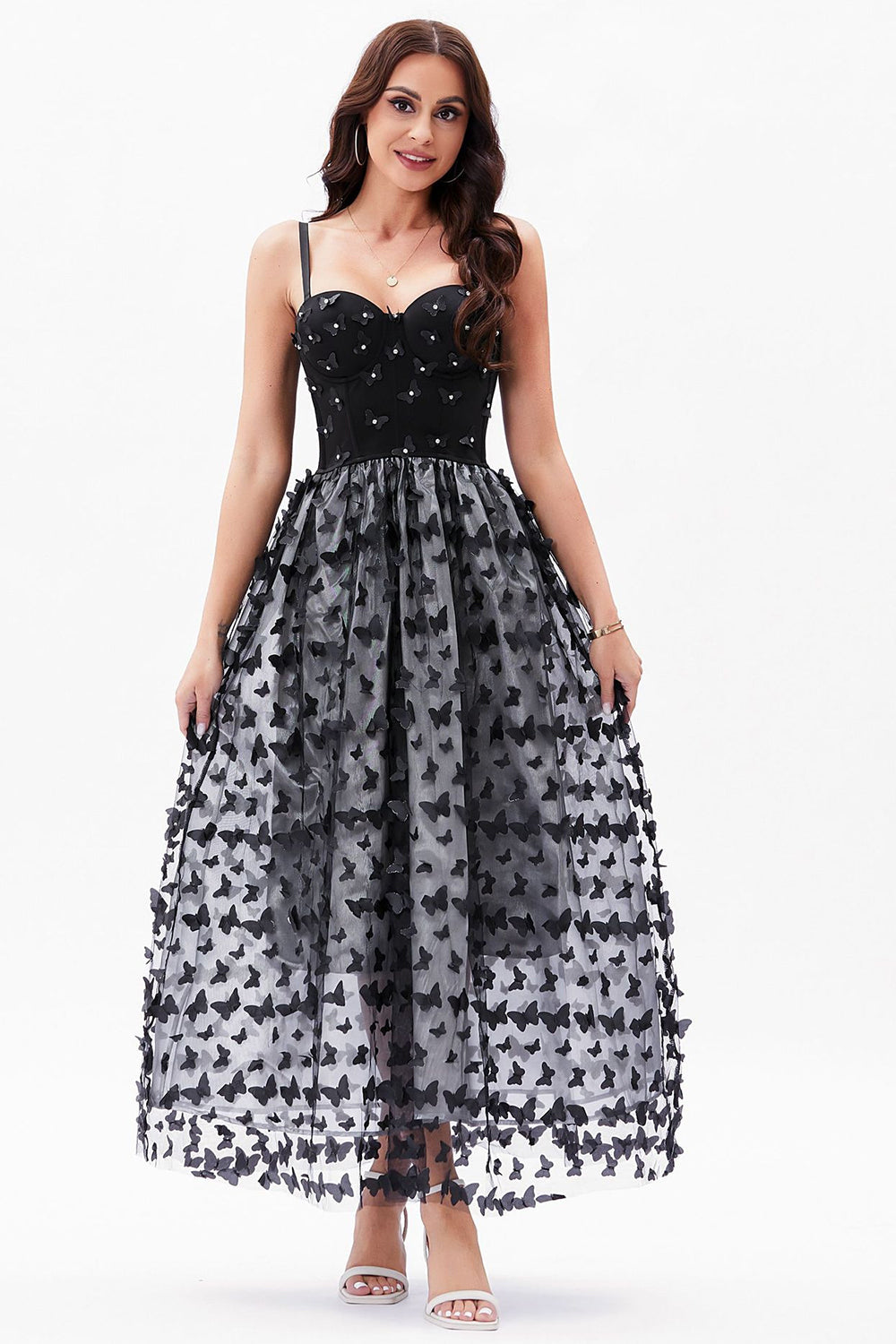 Vestido de fiesta con corsé de tirantes finos de línea A negro con mariposas 3D