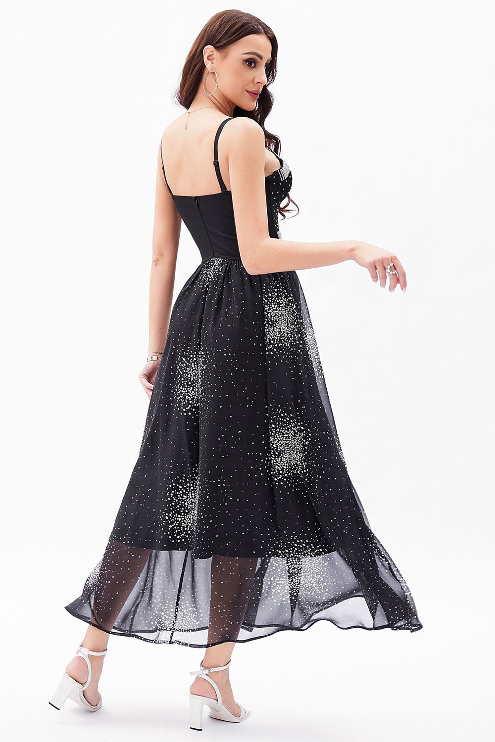 Vestido de fiesta con corsé de gasa con tirantes negros de tirantes negros de una línea