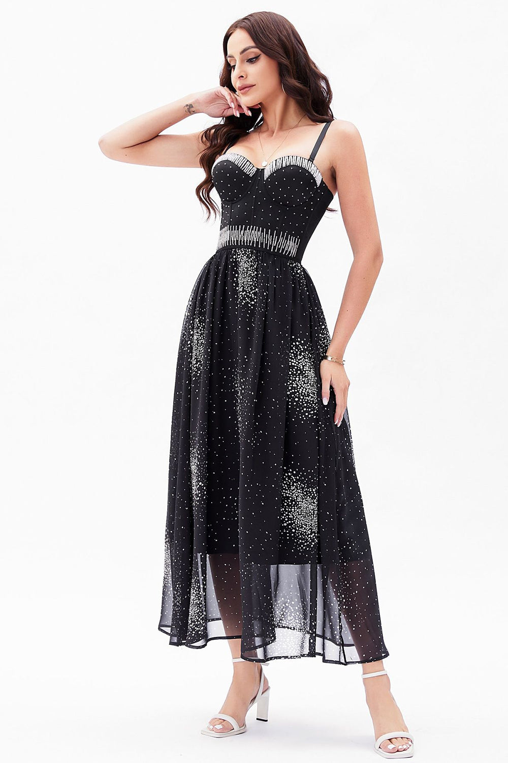 Vestido de fiesta con corsé de gasa con tirantes negros de tirantes negros de una línea