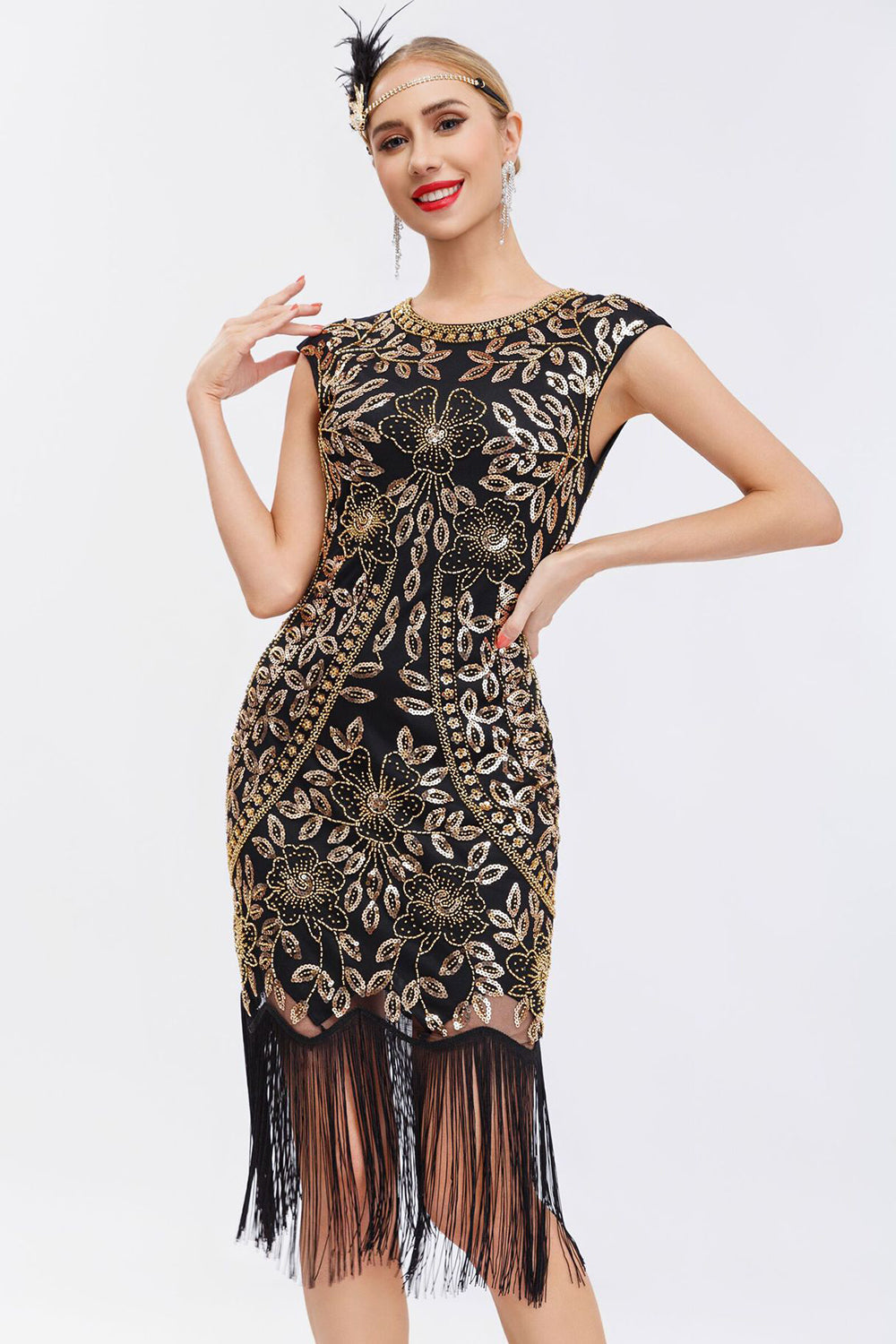 Vestido de Gatsby de lentejuelas negras de la década de 1920 con flecos