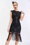Vestido de Gatsby de lentejuelas negras de la década de 1920 con flecos