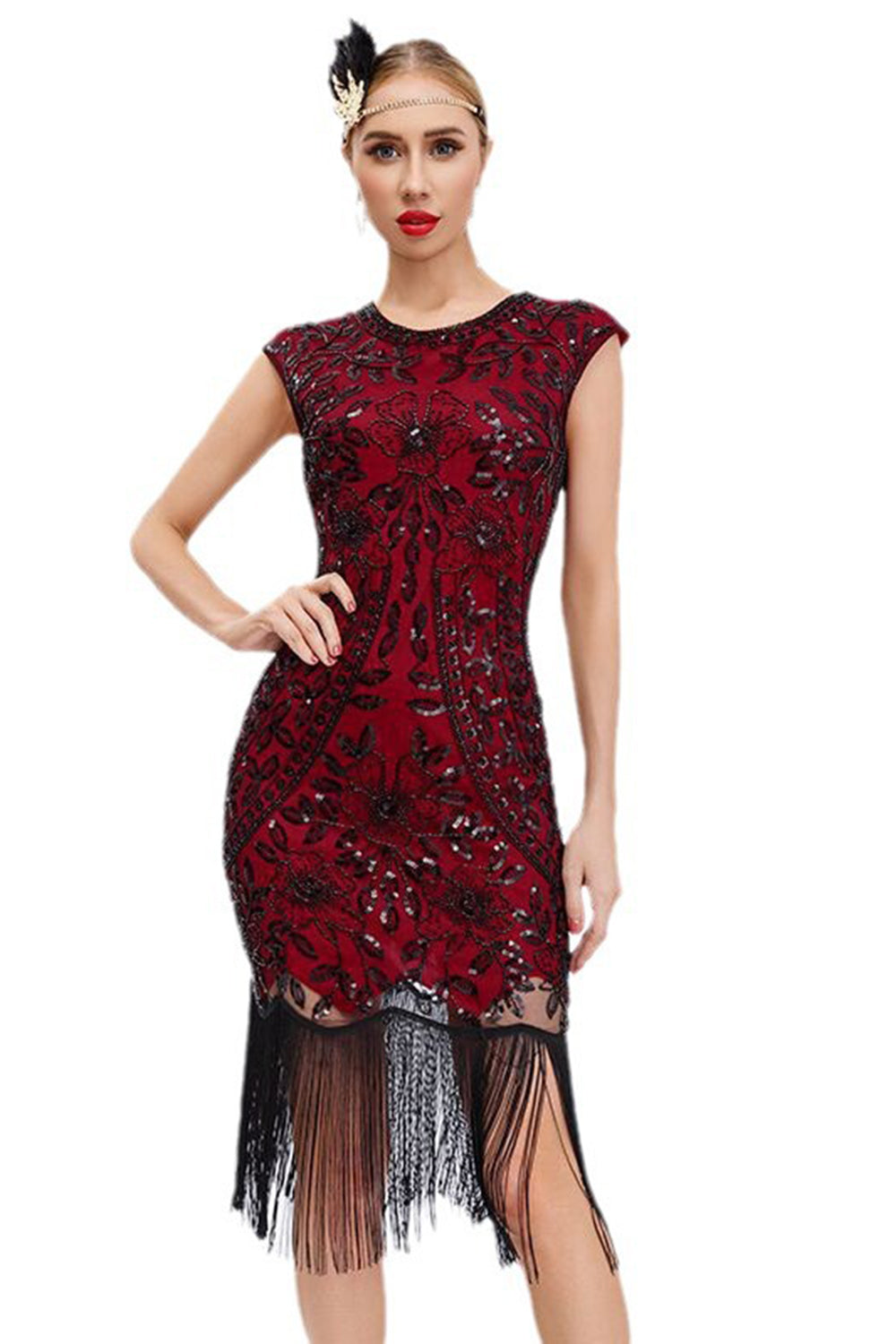 Vestido de Gatsby de lentejuelas negras de la década de 1920 con flecos