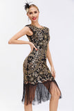 Vestido de Gatsby de lentejuelas negras de la década de 1920 con flecos