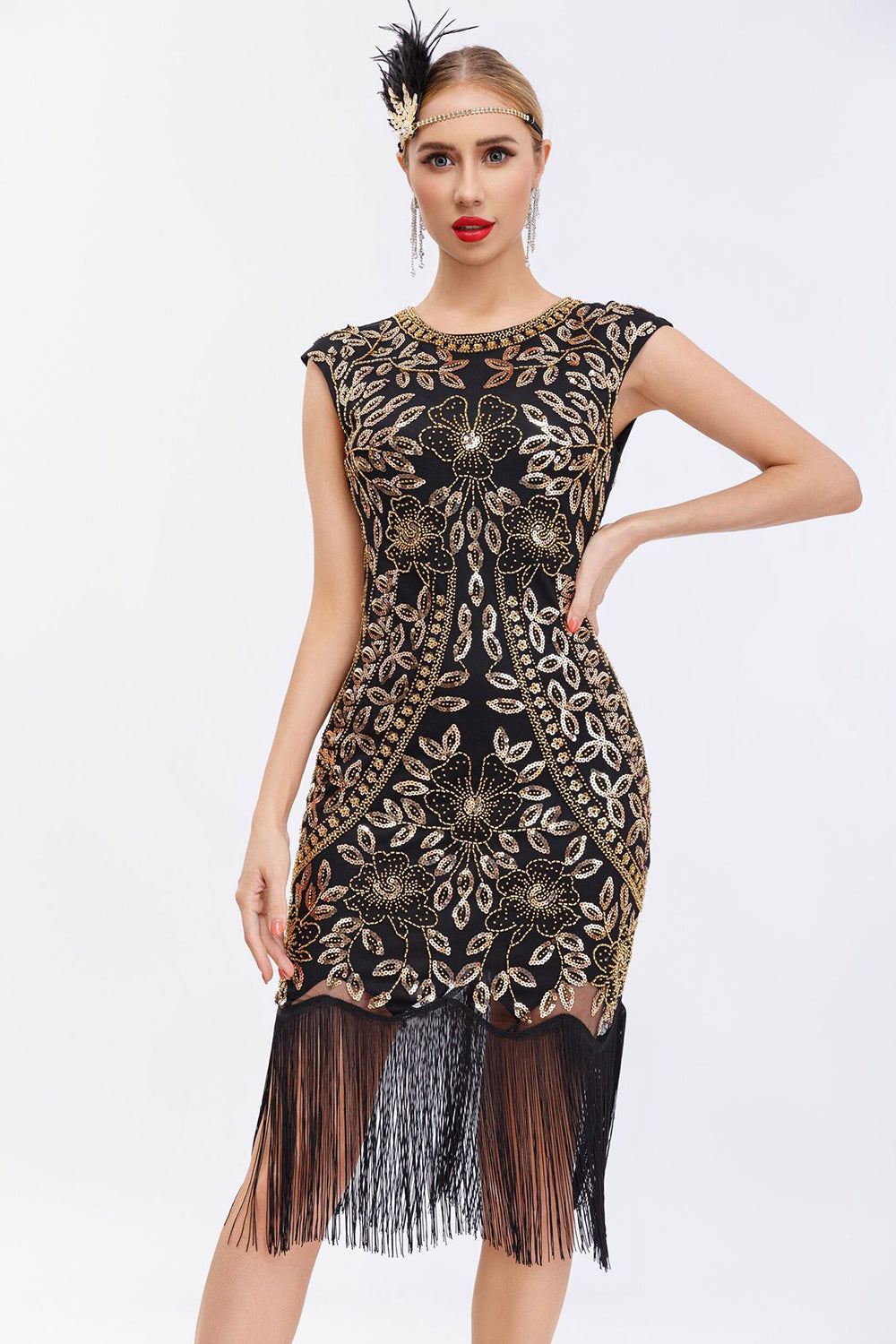 Vestido de Gatsby de lentejuelas negras de la década de 1920 con flecos