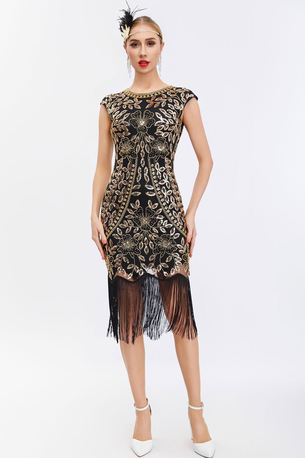 Vestido de Gatsby de lentejuelas negras de la década de 1920 con flecos
