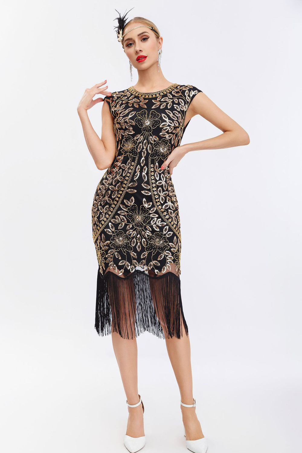 Vestido de Gatsby de lentejuelas negras de la década de 1920 con flecos