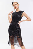 Vestido de Gatsby de lentejuelas negras de la década de 1920 con flecos