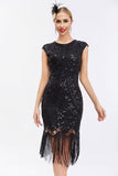 Vestido de Gatsby de lentejuelas negras de la década de 1920 con flecos