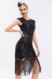 Vestido de Gatsby de lentejuelas negras de la década de 1920 con flecos