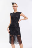 Vestido de Gatsby de lentejuelas negras de la década de 1920 con flecos