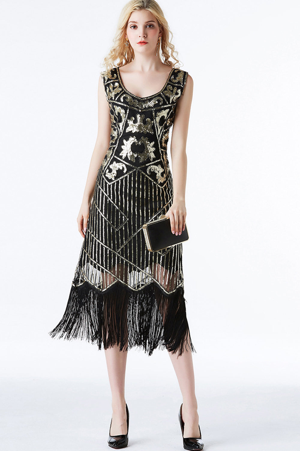 Vestido flapper con flecos dorados negros brillantes