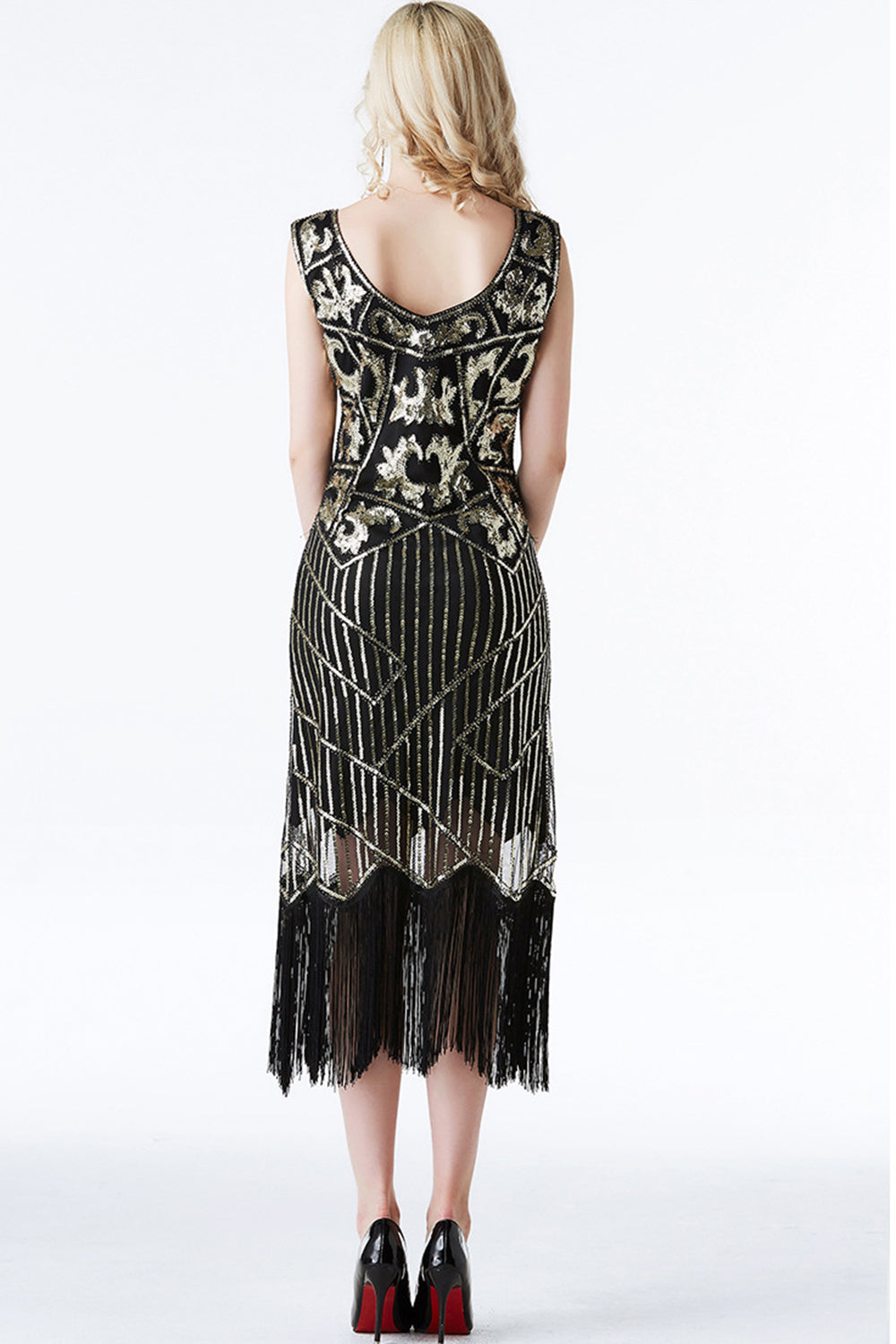 Vestido flapper con flecos dorados negros brillantes