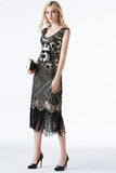 Vestido flapper con flecos dorados negros brillantes