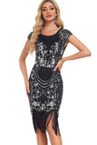 Vestido Flapper de lentejuelas con mangas de vaina negra de lentejuelas de los años 20 con flecos