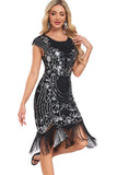 Vestido Flapper de lentejuelas con mangas de vaina negra de lentejuelas de los años 20 con flecos