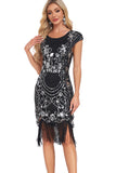 Vestido Flapper de lentejuelas con mangas de vaina negra de lentejuelas de los años 20 con flecos