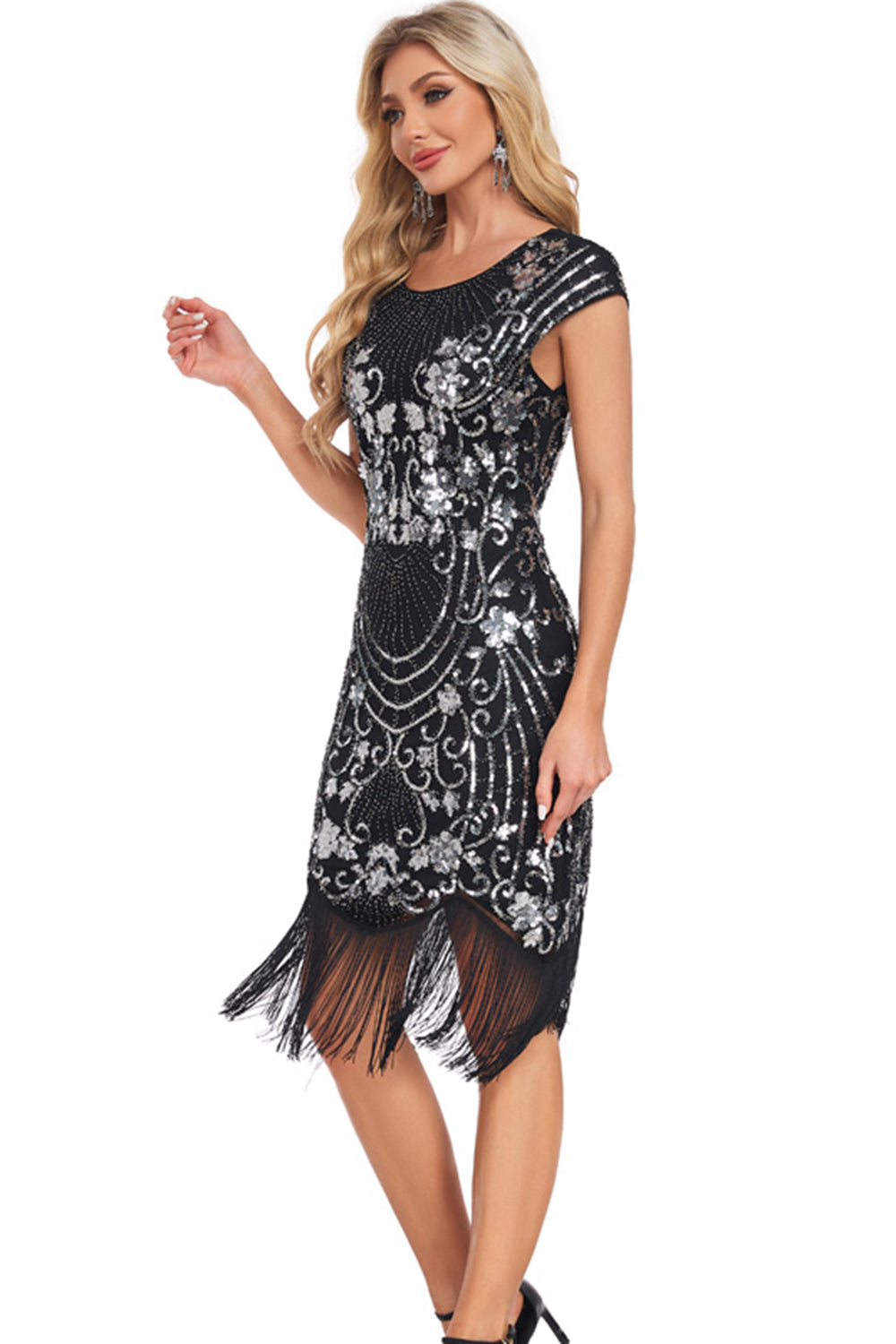 Vestido Flapper de lentejuelas con mangas de vaina negra de lentejuelas de los años 20 con flecos