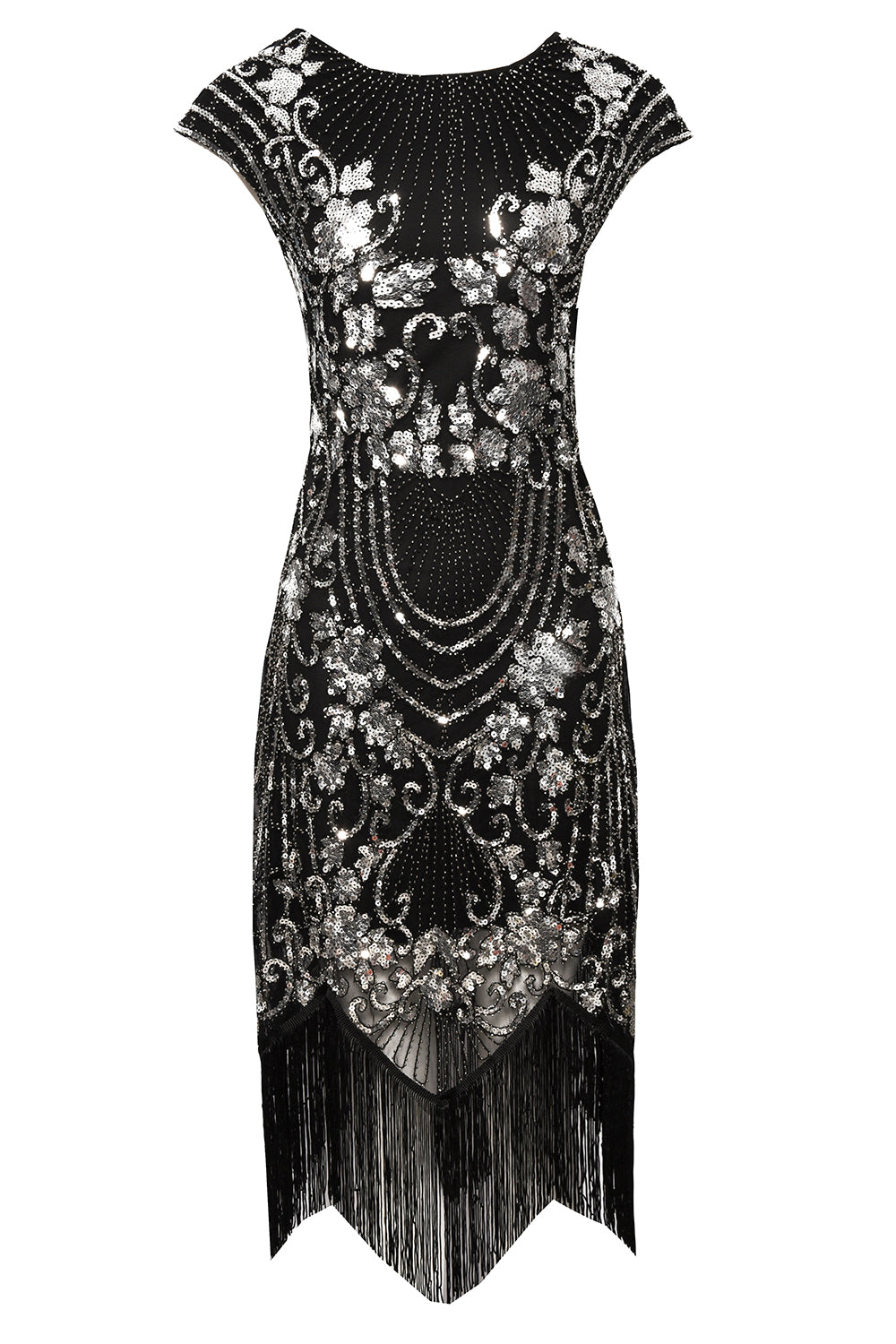 Vestido Flapper de lentejuelas con mangas de vaina negra de lentejuelas de los años 20 con flecos