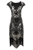 Vestido Flapper de lentejuelas con mangas de vaina negra de lentejuelas de los años 20 con flecos