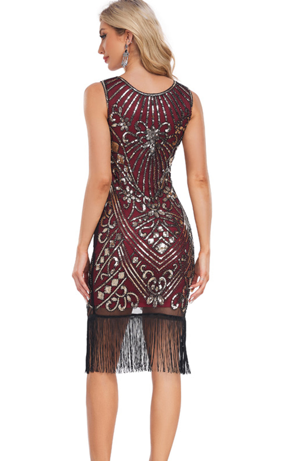 Vestido de Gatsby con flecos de lentejuelas rojas doradas brillantes de la década de 1920