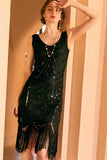 Vestido flapper Flapper de lentejuelas de vaina dorada negra brillante de la década de 1920 con flecos
