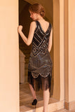 Vestido flapper Flapper de lentejuelas de vaina dorada negra brillante de la década de 1920 con flecos