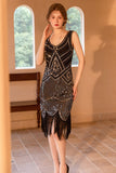 Vestido flapper Flapper de lentejuelas de vaina dorada negra brillante de la década de 1920 con flecos