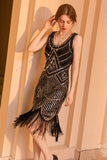 Vestido flapper Flapper de lentejuelas de vaina dorada negra brillante de la década de 1920 con flecos