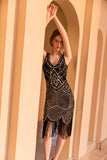 Vestido flapper Flapper de lentejuelas de vaina dorada negra brillante de la década de 1920 con flecos