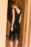 Vestido flapper Flapper de lentejuelas de vaina dorada negra brillante de la década de 1920 con flecos