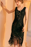 Vestido flapper Flapper de lentejuelas de vaina dorada negra brillante de la década de 1920 con flecos