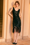 Vestido flapper Flapper de lentejuelas de vaina dorada negra brillante de la década de 1920 con flecos