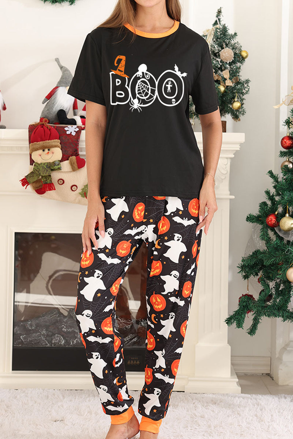 Conjunto de pijama familiar de Halloween con estampado de calabaza negra