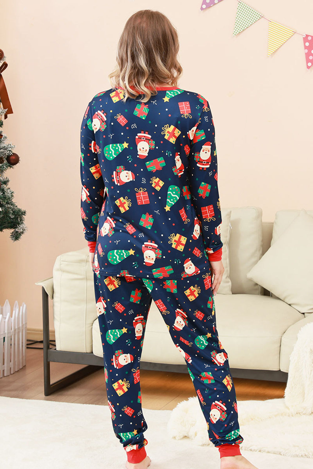 Conjunto de pijama familiar estampado con estampado navideño azul marino