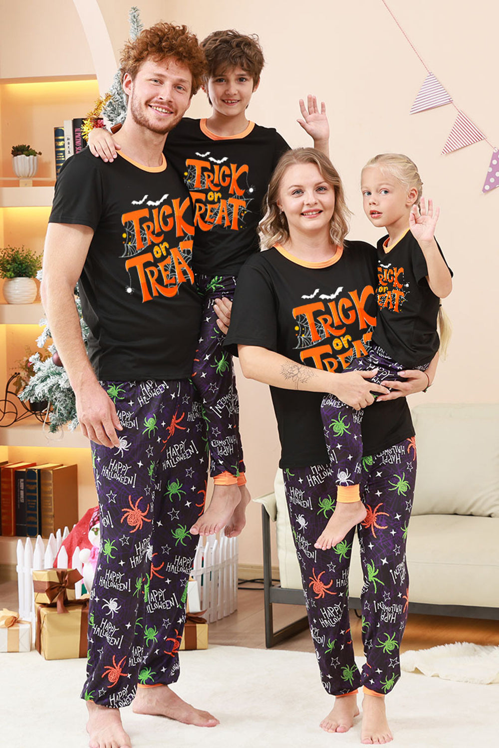 Conjunto de pijama familiar de Halloween con estampado de araña negro y naranja