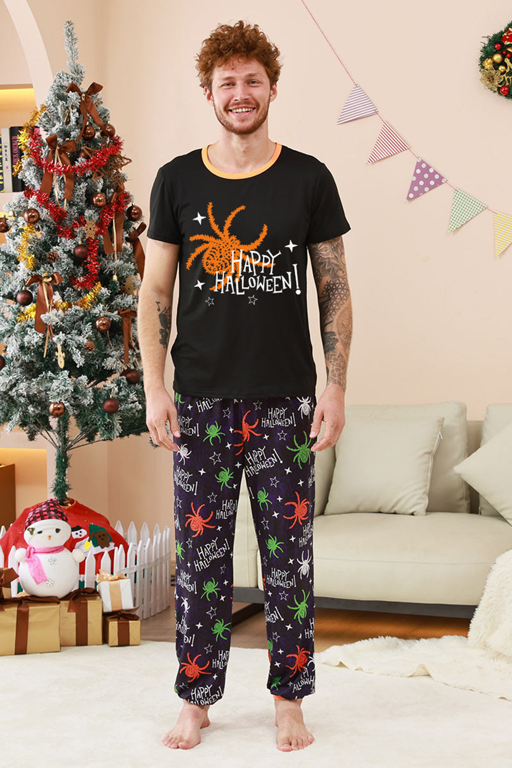 Conjunto de pijama familiar de Halloween con estampado de araña negro y naranja