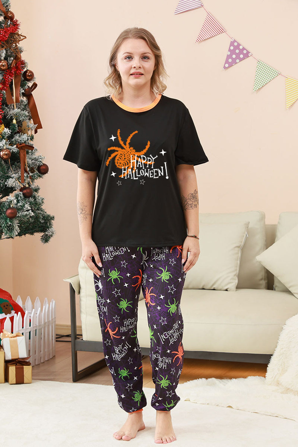 Conjunto de pijama familiar de Halloween con estampado de araña negro y naranja
