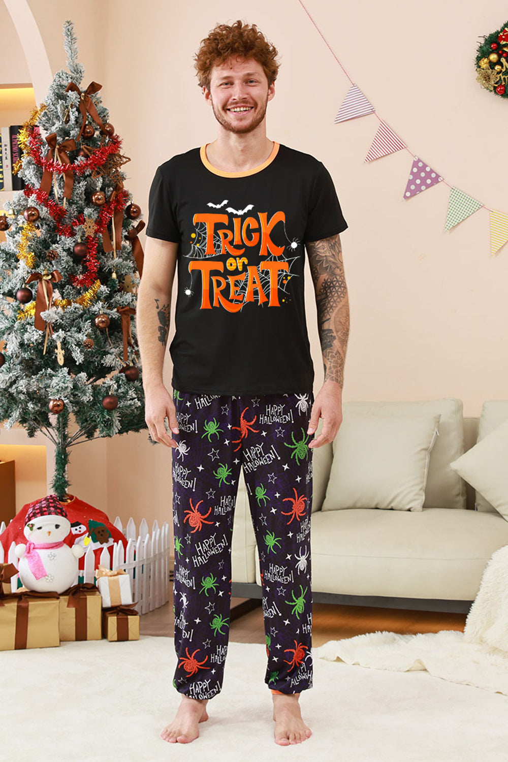Conjunto de pijama familiar de Halloween con estampado de araña negro y naranja