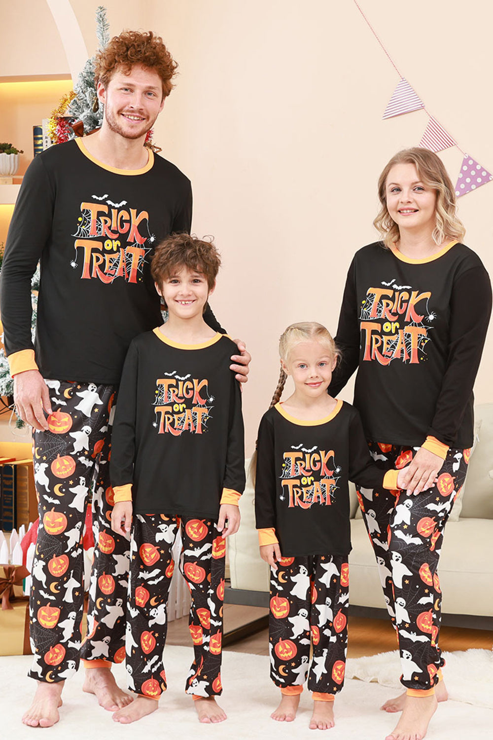 Conjunto de pijama familiar con estampado de calabaza negra de Halloween