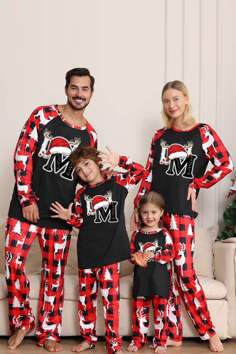 Pijama de Navidad Familiar con Manga Larga con Patrón de Ciervo Rojo Negro