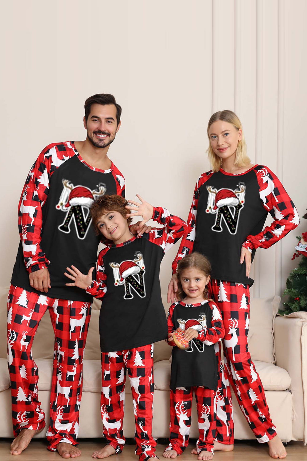 Pijama de Navidad Familiar con Manga Larga con Patrón de Ciervo Rojo Negro