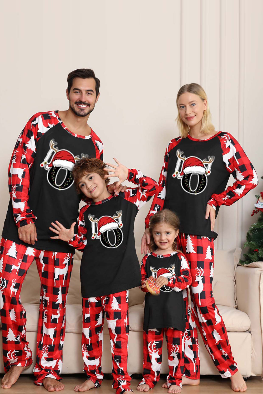 Pijama de Navidad Familiar con Manga Larga con Patrón de Ciervo Rojo Negro