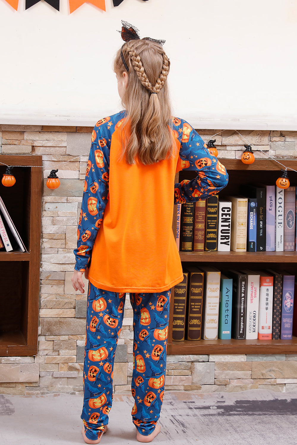 Pijama familiar de Halloween con estampado de calabaza naranja (mangas largas)