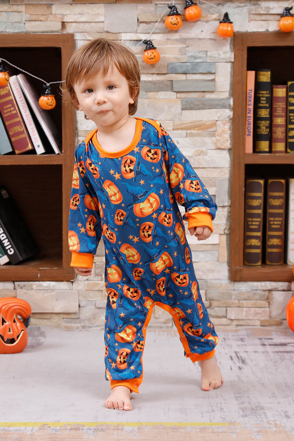 Pijama familiar de Halloween con estampado de calabaza naranja (mangas largas)