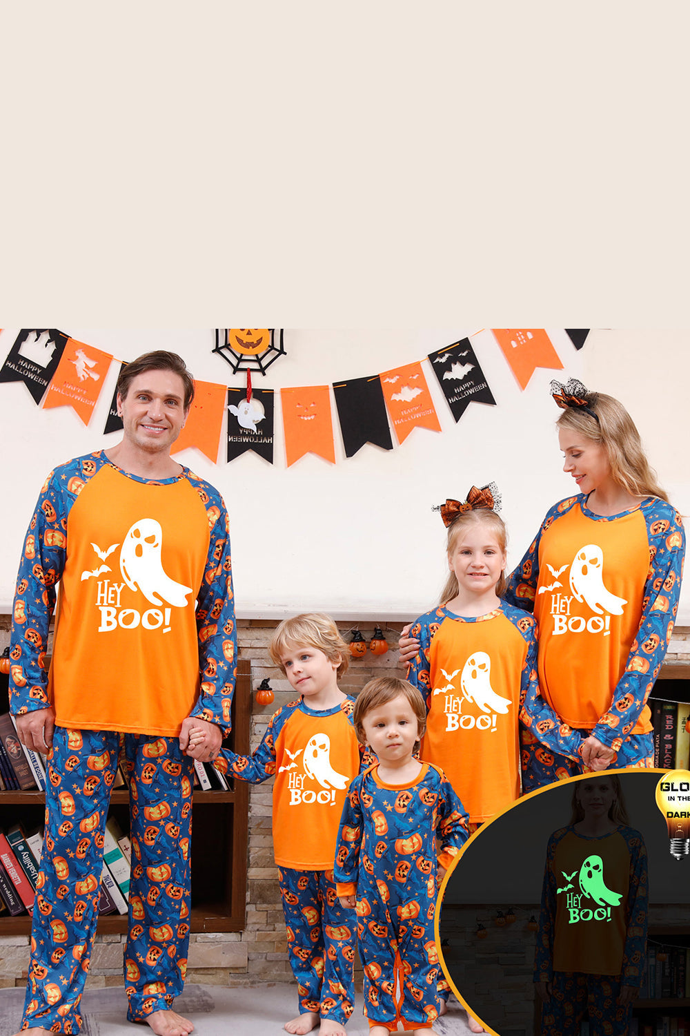 Pijama familiar de Halloween con estampado de calabaza naranja (mangas largas)