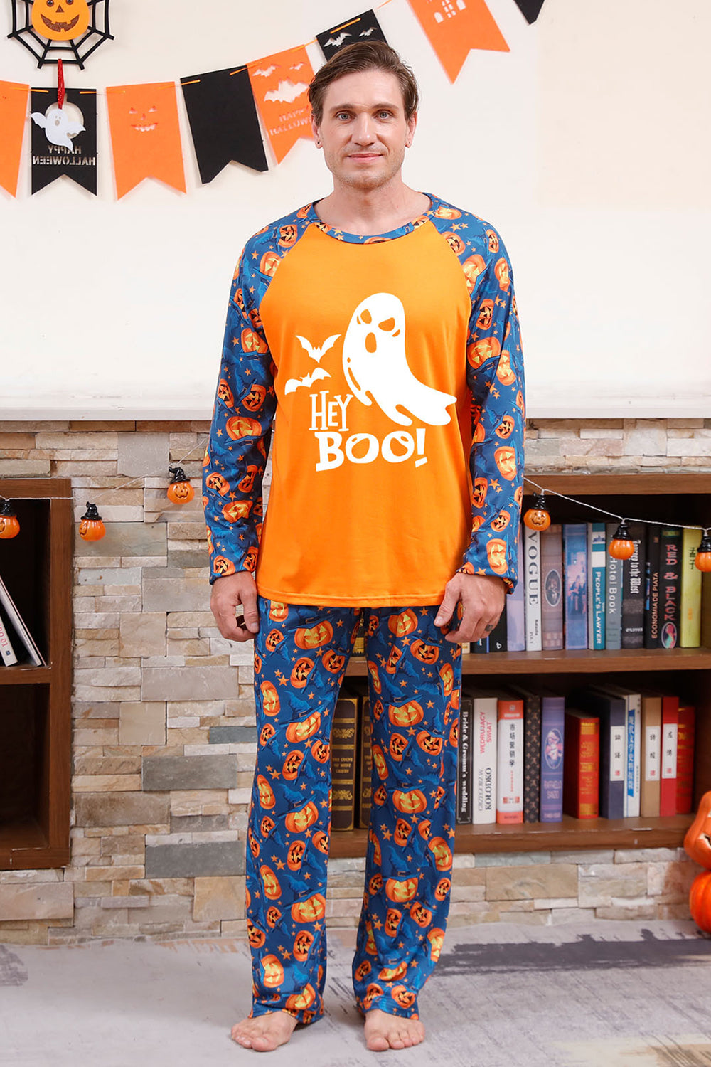 Pijama familiar de Halloween con estampado de calabaza naranja (mangas largas)