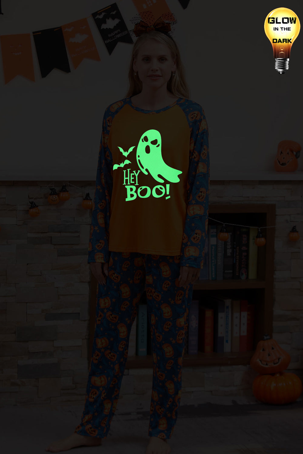 Pijama familiar de Halloween con estampado de calabaza naranja (mangas largas)