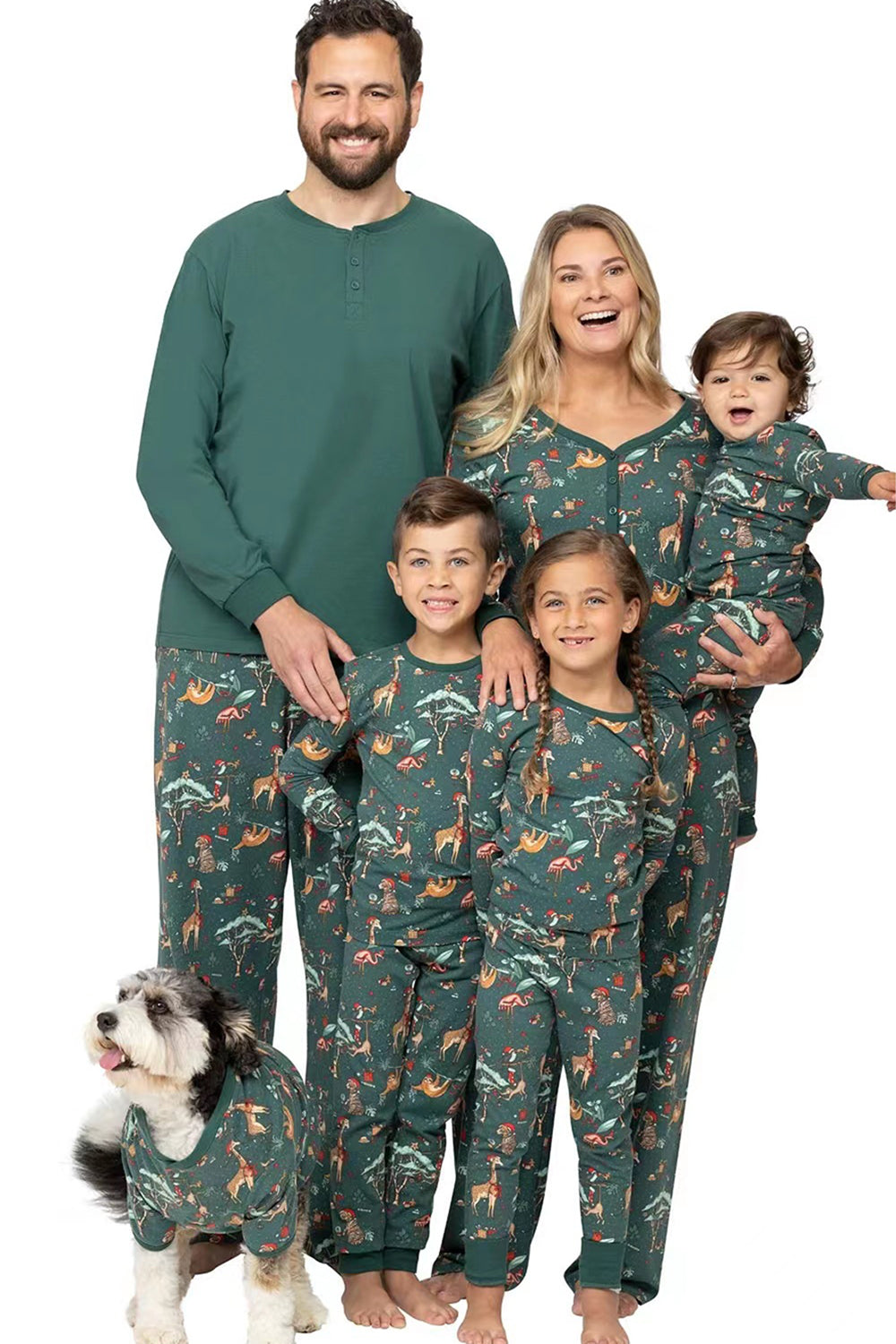 Conjunto de pijama a juego verde oscuro animal print