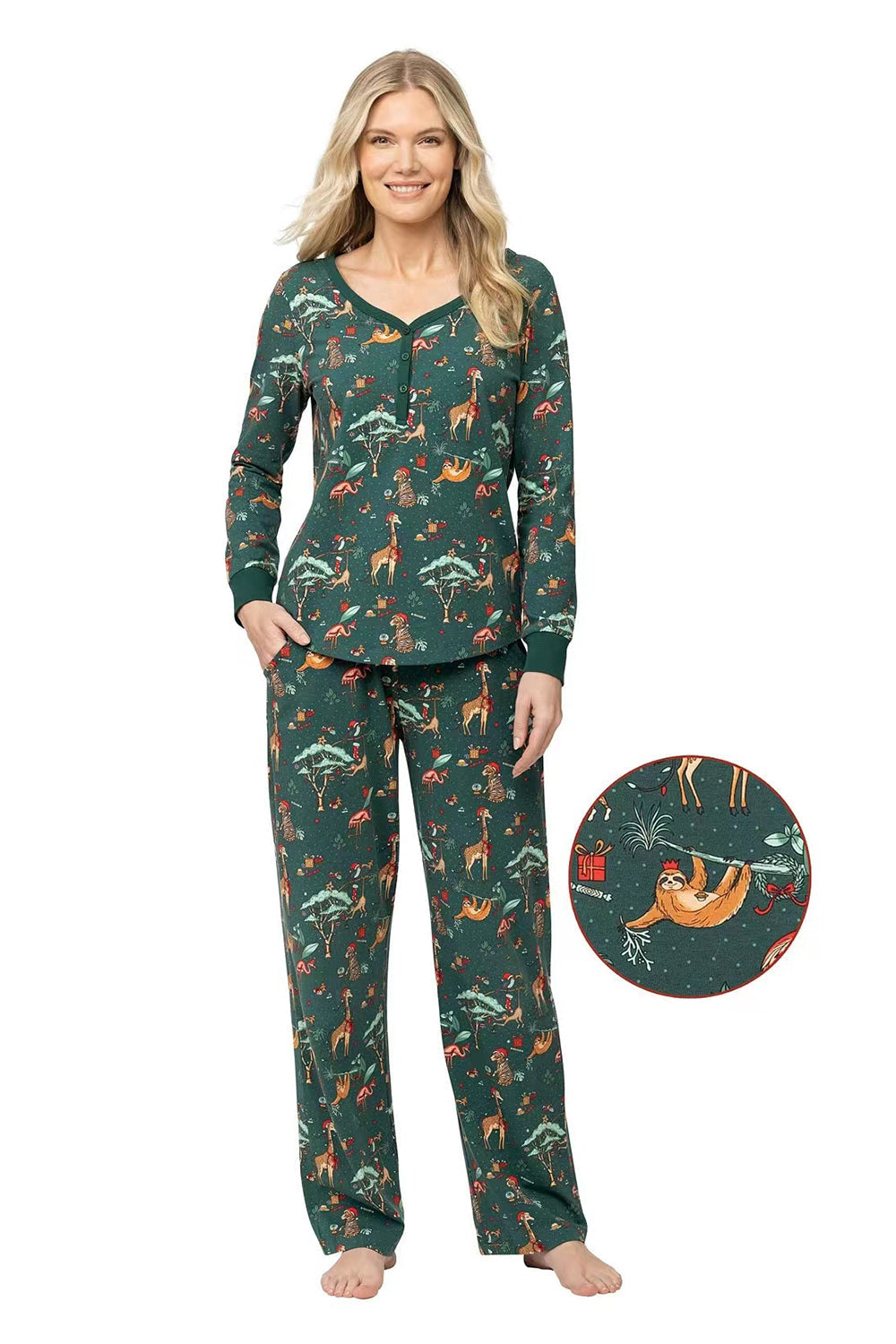 Conjunto de pijama a juego verde oscuro animal print