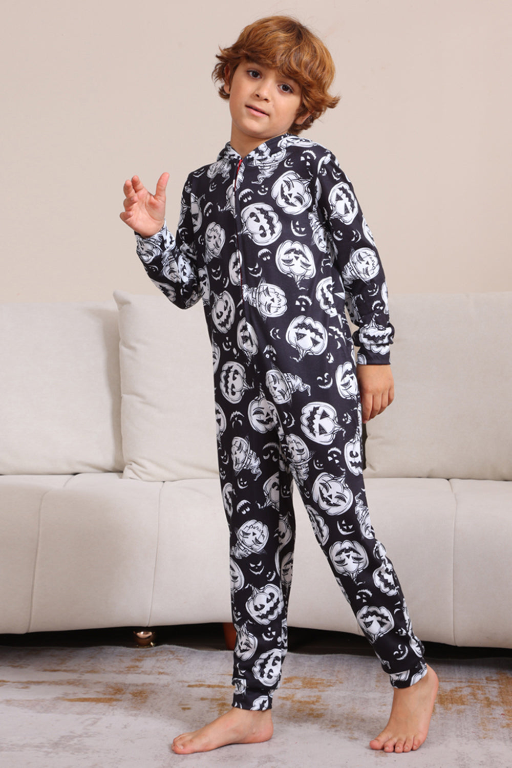 Pijama de una pieza de Halloween a juego con estampado de calabaza